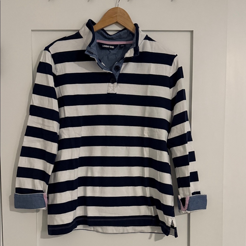 Lands' End Navy and White Striped Rugby Top